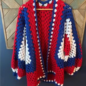 Red, White & Blue Crochet Open-Front Women's Sweater Cardigan